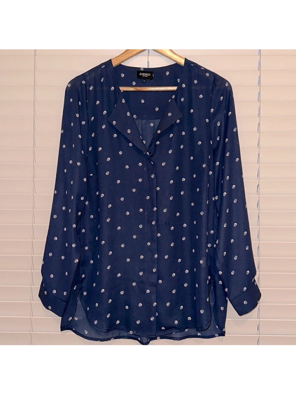 Jeanswest 10 Navy Blush Pink Polka Spotted Button Front Long Sleeve Blouse